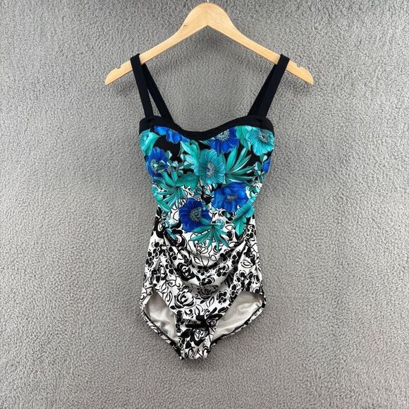 Maxine of Hollywood Floral One-Piece Swimsuit Size 8 Blue Black White Retro - Picture 2 of 12